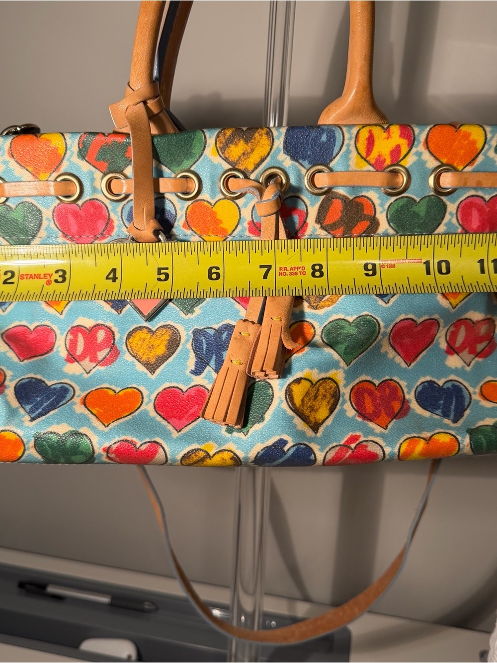 Y2K Dooney & Bourke Turquoise Multicolor Heart Print Leather-Trim Tote - Picture 6 of 8